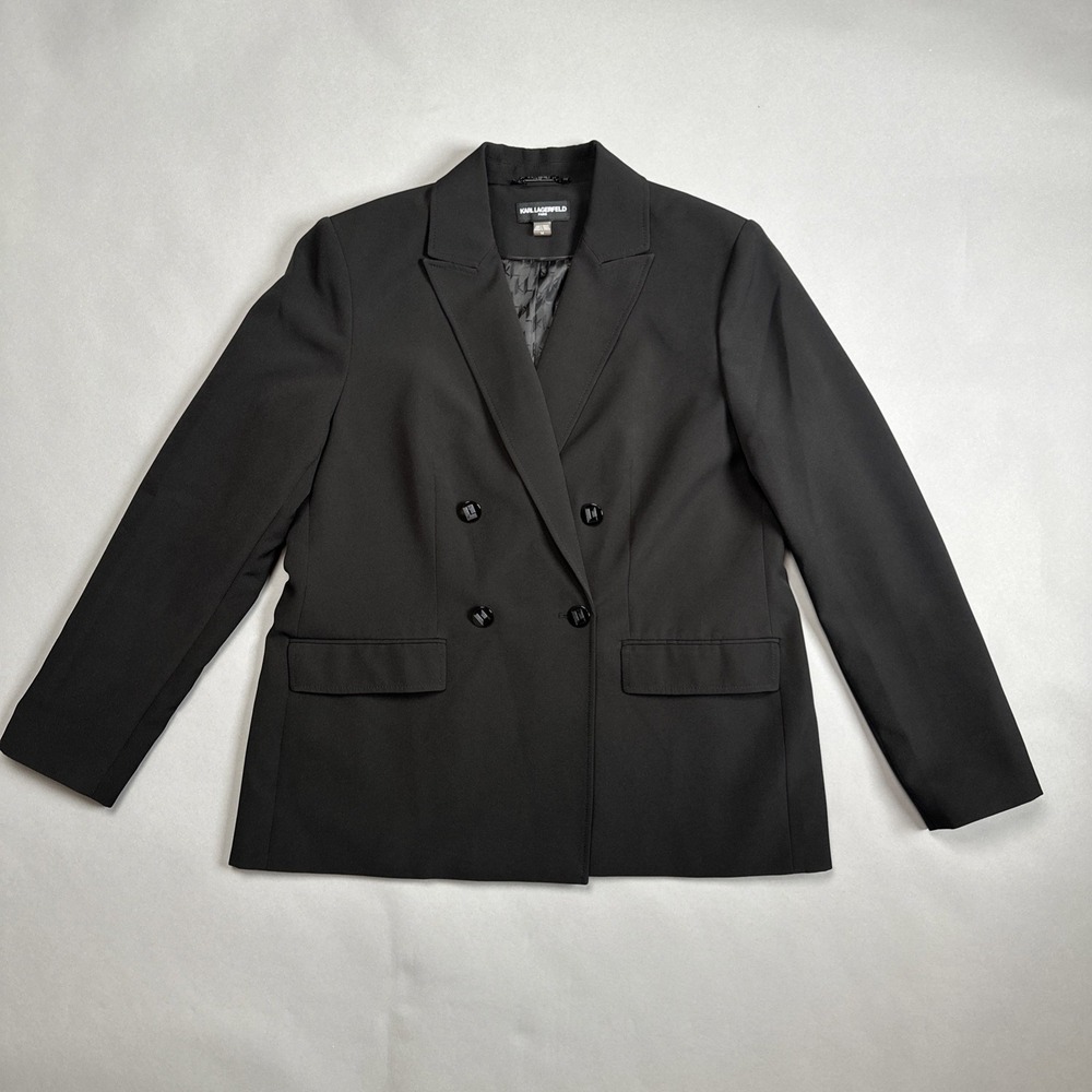 KARL LAGERFELD PARIS Black Double Breasted Blazer Size 14 Stretch KL Monogram